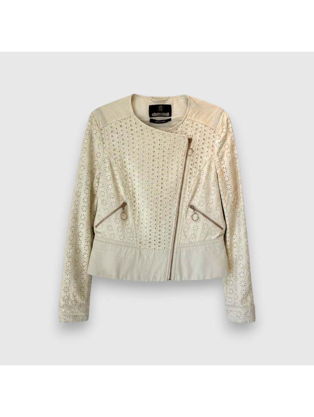 Roberto Cavalli Laser-Cut Perforated Eyelet Moto Jacket—US 8